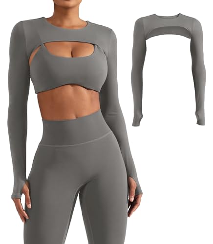 Image of YEOREO Women Crop Top Long Sleeve Bolero Open Front Workout Cropped Shirts Sports Shrug