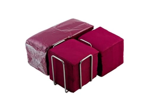 Pack de 300 Servilletas Cocktail de Papel Burdeos + Servilletero de Mesa Acero Inox - Textura micropunto - Más Gruesas y Absorbentes - 10 x 10 cm Plegadas - Hostelnovo