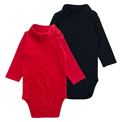 DEFAHN Baby Turtleneck Bodysuit Long Sleeve Boy Girl Solid Cotton Jumpsuit Outfit 0-24 Months, 2 Pack(0-3 Months, Black/Red)