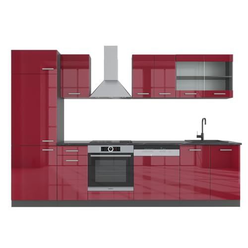 Vicco Küchenzeile R-Line, Rot Hochglanz/Anthrazit, 300 cm ohne Arbeitsplatte, geeignet zur individuellen Erweiterung durch Zusatzmodule