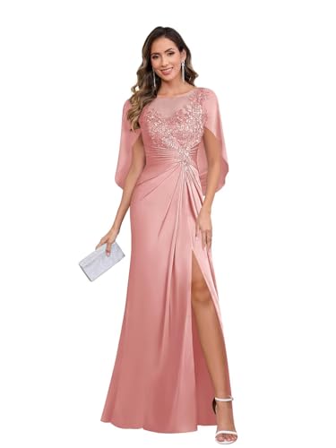 Women's Cape Sleeve Mother of The Bride Dresses Long Lace Satin Formal Dress for Wedding4