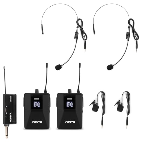 Vonyx WM552B Sistema de 2 petacas (bodypack) inalámbricas UHF, 2 micrófonos de Diadema y 2 micrófonos de Solapa, 1 Mini Receptor, Alcance de 50 m, Pantalla Digital, Ideal para pequeñas actuaciones