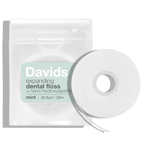 Davids Expanding Dental Floss + Refill w/Hydroxyapatite No Break Woven Strands Waxed Vegan Cocoa Butter & Mint Kid Friendly Refillable Dispenser 66 yd