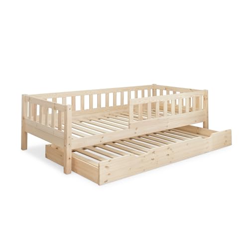 Ehrenkind® Kinderbett Lille | Kinderbett 90x200 cm inkl. abnehmbaren Rausfallschutz und Bettkasten aus Massivholz FSC® zertifziert | Jugendbett 90x200 Natur