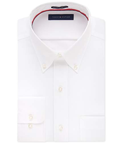 Tommy Hilfiger Men's Dress Shirt Regular Fit Non Iron Solid, White, 16.5' Neck 34'-35' Sleeve