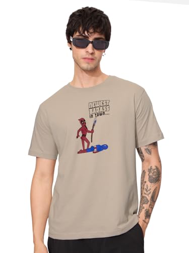 Image of The Souled Store Official Deadpool: Newest Badass Men and Boys Short Sleeves Round Neck Brown Graphic Printed Regular Fit Cotton T-Shirts