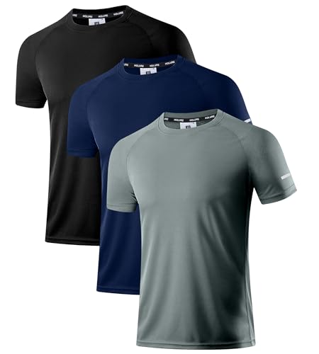 Herren Activewear T-Shirts 3 Pack | Slim Fit Sport Shirts | Atmungsaktiv, Schnelltrocknend & Leicht | mit Reflektierenden Details für Fitness, Laufen & Training Schwarz/Dunkelgrau/Marineblau 3P06-L