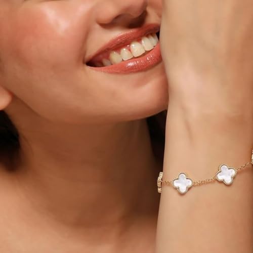 Image of Stylish Gold-Plated White Clover Bracelet & Earrings Set for Women | Premium Anti-Tarnish, Hypoallergenic Jewellery | Gift Combo