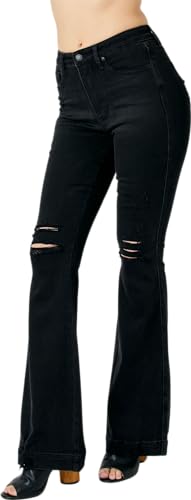 Judy Blue Women's High-Rise Tummy Control Destroy Black Flare Jeans 88622 (Black, 16 Plus)2