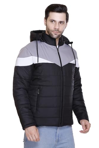 Image of Men's Navy Blue and Grey Hooded Puffer Jacket, Quilted, Zip Front