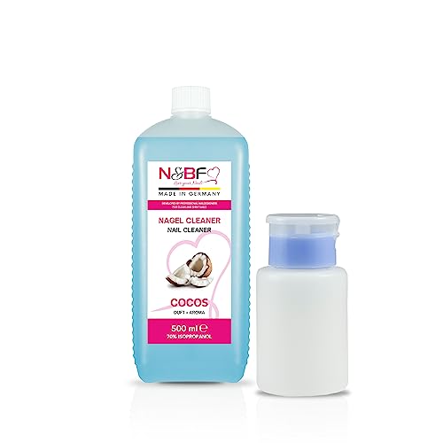 N&BF Nagel Cleaner Set mit Duft 500ml + Dispenser Pumpflasche 150ml - 70% Isopropanol-Alkohol – für Gelnägel – Nagelreiniger – kosmetisch rein in Studioqualität zum Reinigen und Entfetten (Kokosnuss)