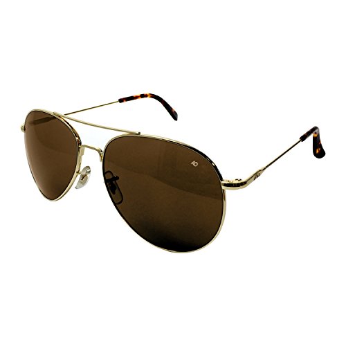 AO Eyewear American Optical - General Aviator Sunglasses with Wire Spatula Temple and Gold Frame, Cosmetan Brown Glass Lens