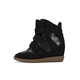 WJZDSJCO Wedge Sneakers for Women Heels Black Suede Hook and Loop High Heel Platform Tennis Round Toe Triple Strappy Band Casual Vintage Fashion Dressy Comfy Campus Trendy Retro