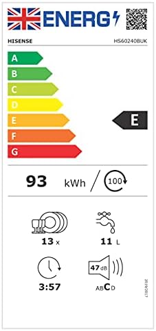 Hisense HS60240BUK Freestanding Standard Dishwasher 85cm High- Black - E Rated, 24 x 23 x 33 inches (L x W x H)