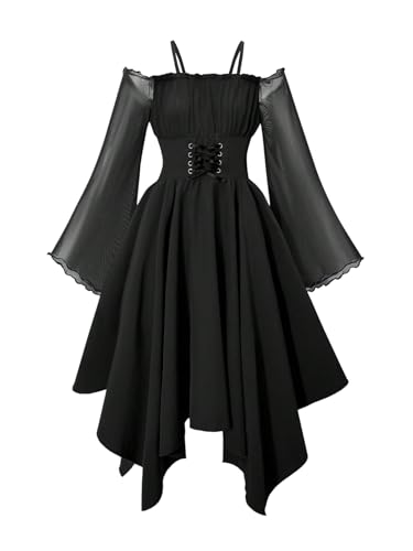 Verdusa Tween Girls Dress Ruffle Lace Up Corset Dress Flare Sleeve Asymmetrical Long Flowy Dresses Black 11 Years