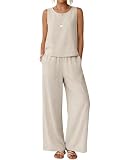 Ficerd Women 2 Piece Summer Outfits Lounge Beach Linen Sets Summer Sleeveless Crop Tank Tops Cropped High Waist Pants(Linen,Large)