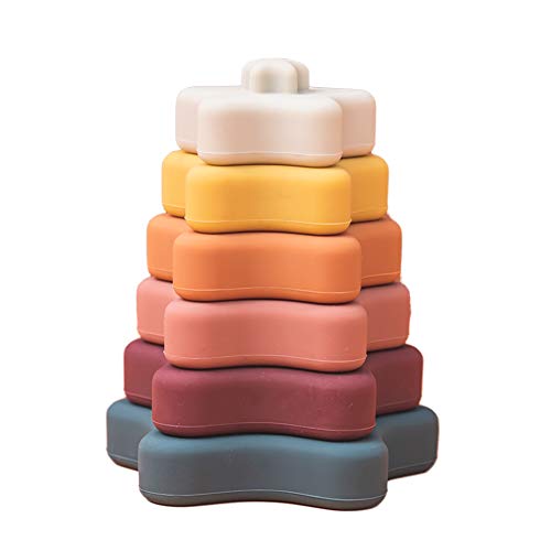 Image of Promise Babe Silicone Stacking Rings Toy with Star Shape Soft Stacker Blocks Baby Toddler Toys,Development Sensory,Star-retro