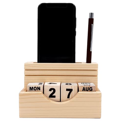 Image of Pen Stand with Calendar for Office Table, Pen Stand with 100 Years Calendar, Stylish Unique Pen Stand with Wooden Calendar, Wooden Desk Calendar to Lifetime Infinite Perpetual Calendar 2023 (WH-97)