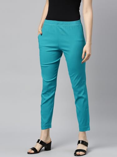 Image of MINELLI Women Solid Cigar Pants, Cotton Lycra Slub Fabric, Elasticated Waistband, Pull On Style, Regular Fit Bottom Wear for Western and Ethnic Wear