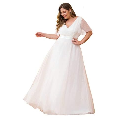 BGGYF Hochzeitskleid Plus Size A-Linie Doppel-V-Ausschnitt Kurzarm Rüschen Illusion Formale Brautkleider Reißverschluss Partykleid Korsett Damen Cover