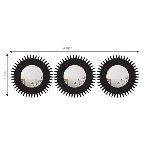 Image of Creative Arts n Frames 11 inch Set of 3 Round Wall Decor Hand Crafted Wooden HD Wall Mirror Panel for Living Room Bedroom Lobby Modern Wall Decor Home Decor Items (Chakra1 Black)