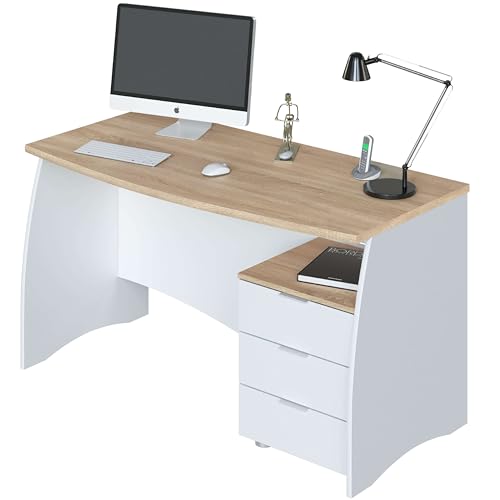 Habitdesign Mesa de Despacho con 3 Cajones, Mesa de Oficina o Estudio, Modelo Stil, Acabado en Balnco Artik y Roble Canadian, Medidas: 136 cm (Ancho) x 67 cm (Fondo) x 74 cm (Alto)