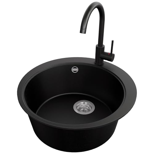 PRIMAGRAN Evier cuisine Granit Rond Noir 53x53cm, Evier 1 bac + Robinet 32x20cm + Kit de Vidage, Lavabo Cuisine au Meuble 50cm - Pise S011