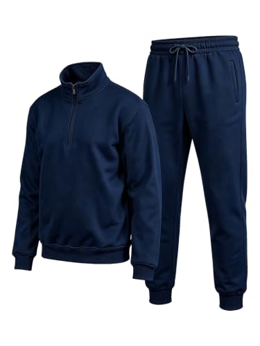 JIHUILAI Men’s Navy Blue Quarter Zip Tracksuit Set 2 Piece Sweatsuit Jogger Set Athletic Gym Workout Casual Lounge Outfit Pullover & Pants Size M