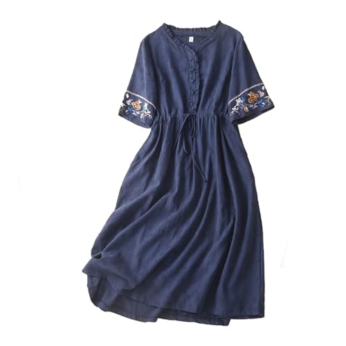 Huoghebg Kleider Damen Sommer Frauen Leinenkleid Musselin Kleid Baumwolle Leinen Stickerei Kurzarm Kleid Lang Leinenkleider Leicht und Luftig Boho...