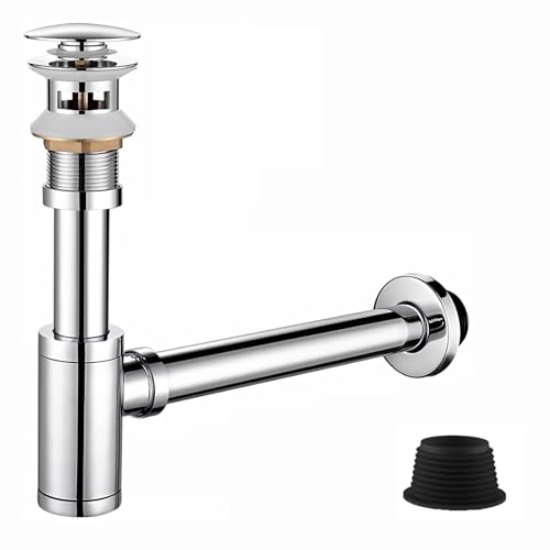 Sifón para lavabo, sifón, desagüe Pop Up, válvula de desagüe, sifón universal para lavabo y lavabo, ajuste perfecto (desagüe con rebosadero plateado)