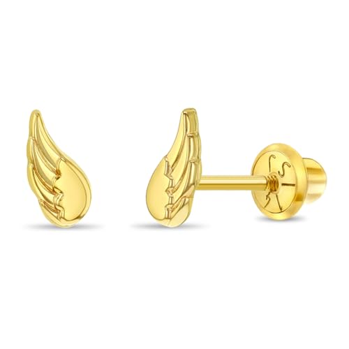 14k Yellow Gold Angel Wings Screwback Earrings For Little Girls - Safety Screw Back Earrings For Young Girls - Beautiful Religious Earrings for a Young Girls Communion Day