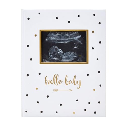 Image of Pearhead Hello Baby First 5 Years Memory Book, Gender-Neutral Baby Keepsake for New and Expectant Parents, Pregnancy And Milestone Journal, Modern Minimalist Black and Gold Polka Dot