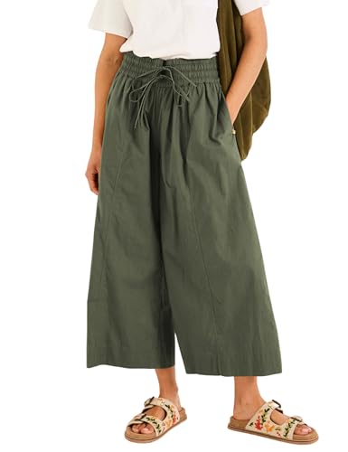 Yeokou Women Casual Wide Leg Pants Summer Cotton High Rise Elastic Waist Cropped Capris Trousers with Pockets