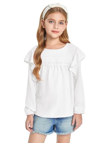 Haloumoning Girls Long Sleeve Shirts Cute Tops Crewneck Ruffle Swiss Dot Blouses for Kids 4-14 Years2