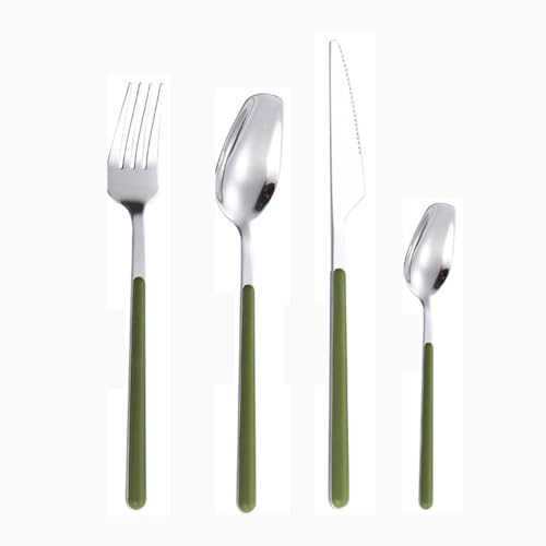 Clamp Handle Kitchen Stainless Steel Silverware Tableware Flatware Cutlery Set Steak Knife Fork Spoon Teaspoon (Light green,4 pieces)