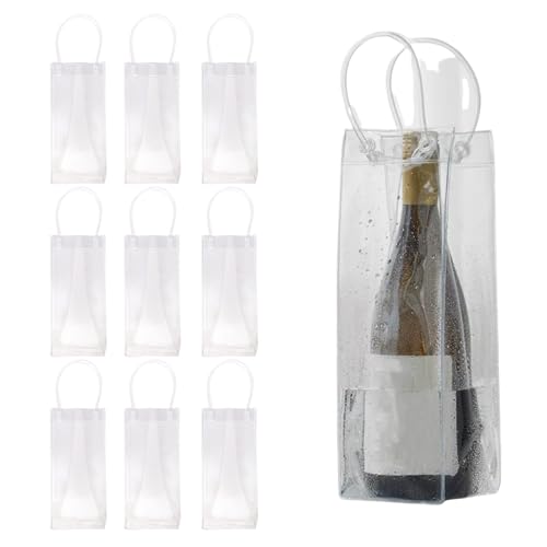 Wine Cooler Bag 10Pcs Transparent Clear Ice Bag PVC Portable Bottle Cooler Bag Champagne Ice Bag with Handle Beer Party Accessory