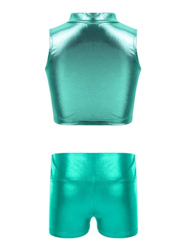 Kids Girls 2pcs Shiny Metallic Gymnastics Dance Tracksuit Sleeveless Mock Neck Crop Top Vest And Boy Shorts Set Blue Green 16 Years2