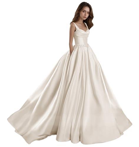 Satin Wedding Dresses for Bride 2025 Spaghetti Straps Corset Beaded Puffy Long Bridal Gowns for Beach Wedding