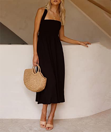 Image of Sexyshine Women's Square Neck Halter Lace Up Criss Cross Maxi Dress Tie Back Sleeveless Smocked Ruched A Line Dress