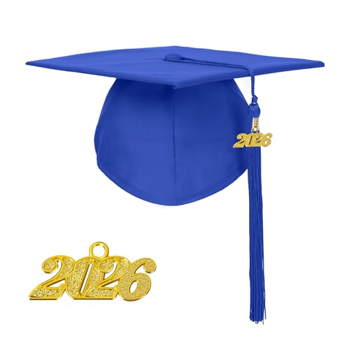 Misscom Unisex Matte Graduation Cap with 2026 Year Charm for Adult Middle High School and Bachelor Royal Blue