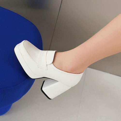 Alyaafifa Chunky High Heel Pumps for Women Closed Square Toe Thick Heel Platform Loafers Matte Leather Slip On Dress Shoes Comfortable Office Work Business Party Wedding Event3