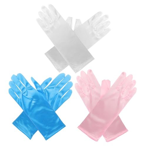 LIFKOME 3 Pairs Children Gloves for Girls Party Dress up Princess Gloves Decorative Party Supplies in Pink White Blue