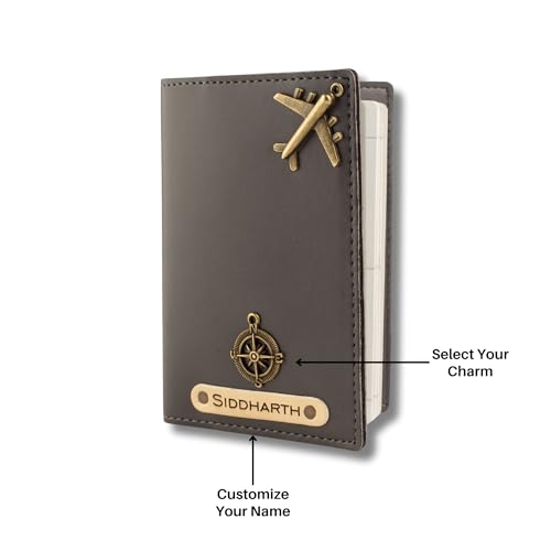 Image of AICA Personalised Name & Charm Leather Passport Cover (Grey) | Christmas Secret Santa New Year Gift Womens Ladies Women Wife Mom Mother Sister Men Brother Father Husband Office Colleagues Employees