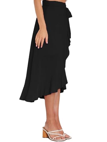 Umenlele Women's Casual Tie Waist Asymmetric Swing Ruffle Wrap Hem Flowy Mid Skirt4