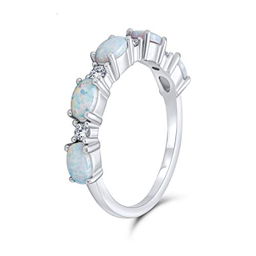 Thin Oval Created White Opal CZ Stackable Half Eternity Band Ring For Women 925 Sterling Silver October Birthstone