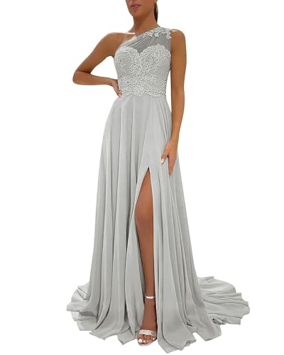 Image of LANGKAAO One Shoulder Lace Bridesmaid Dresses Long for Wedding A-Line Chiffon Slit Formal Party Gown with Pockets