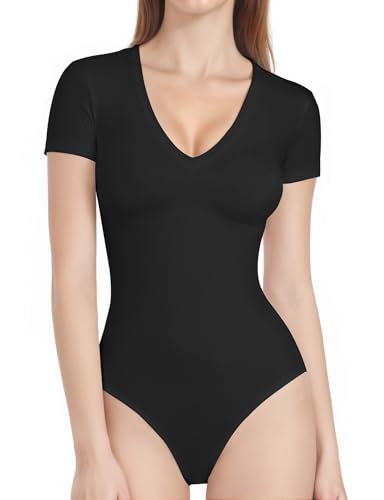 Body col en V YOGINGO string noir manches courtes basique mode femme taille S