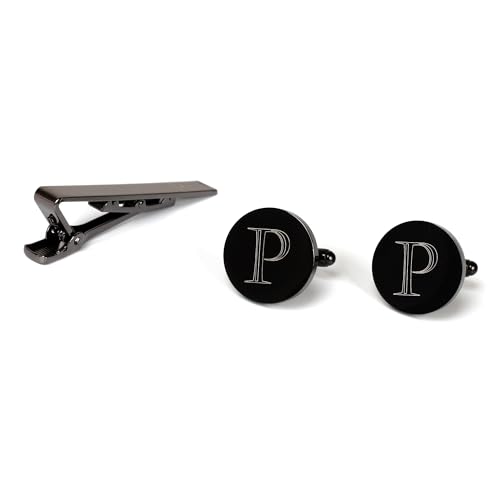 Image of Mens Initial Cufflinks and Tie Clip A-Z Alphabet Letter Black Stainless Cuff Links Tie Bar with Engraved Walnut Wood Box Groom Groomsman Wedding Set
