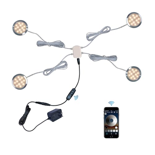 CRISETEK Puck Lights Bluetooth APP Smart Control Dimmable Tact Switch Under Cabinet Light Cabinet Lighting Cabinet Lights DC 12V Adaptor (Silver, Warm White Light, APP 4Pack)