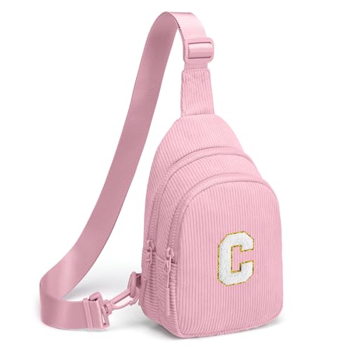 Small Corduroy Sling Bag Initial Crossbody Bag Fanny Pack for Girls Personalized Birthday Gifts for Teen Girls Gifts Pink C